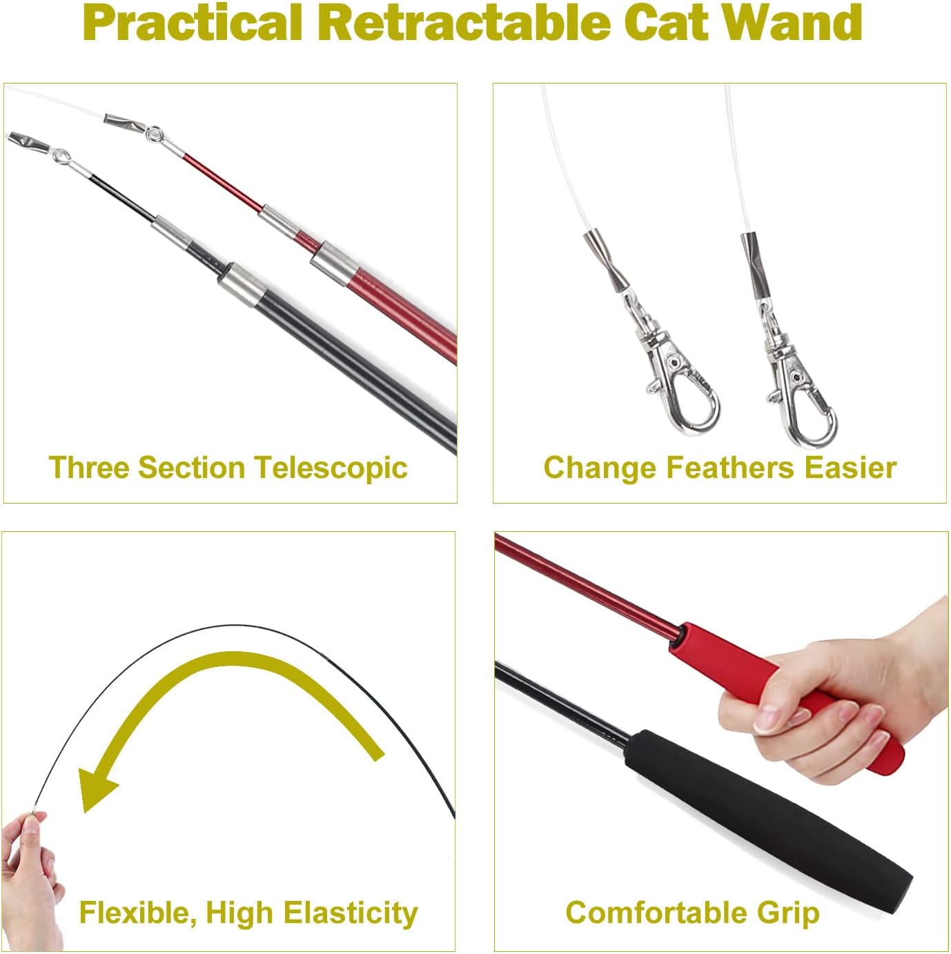 Interactive Cat Toys - Retractable Wand Toy and Feather Toys Refills for Indoor Cats to Chase and Exercise