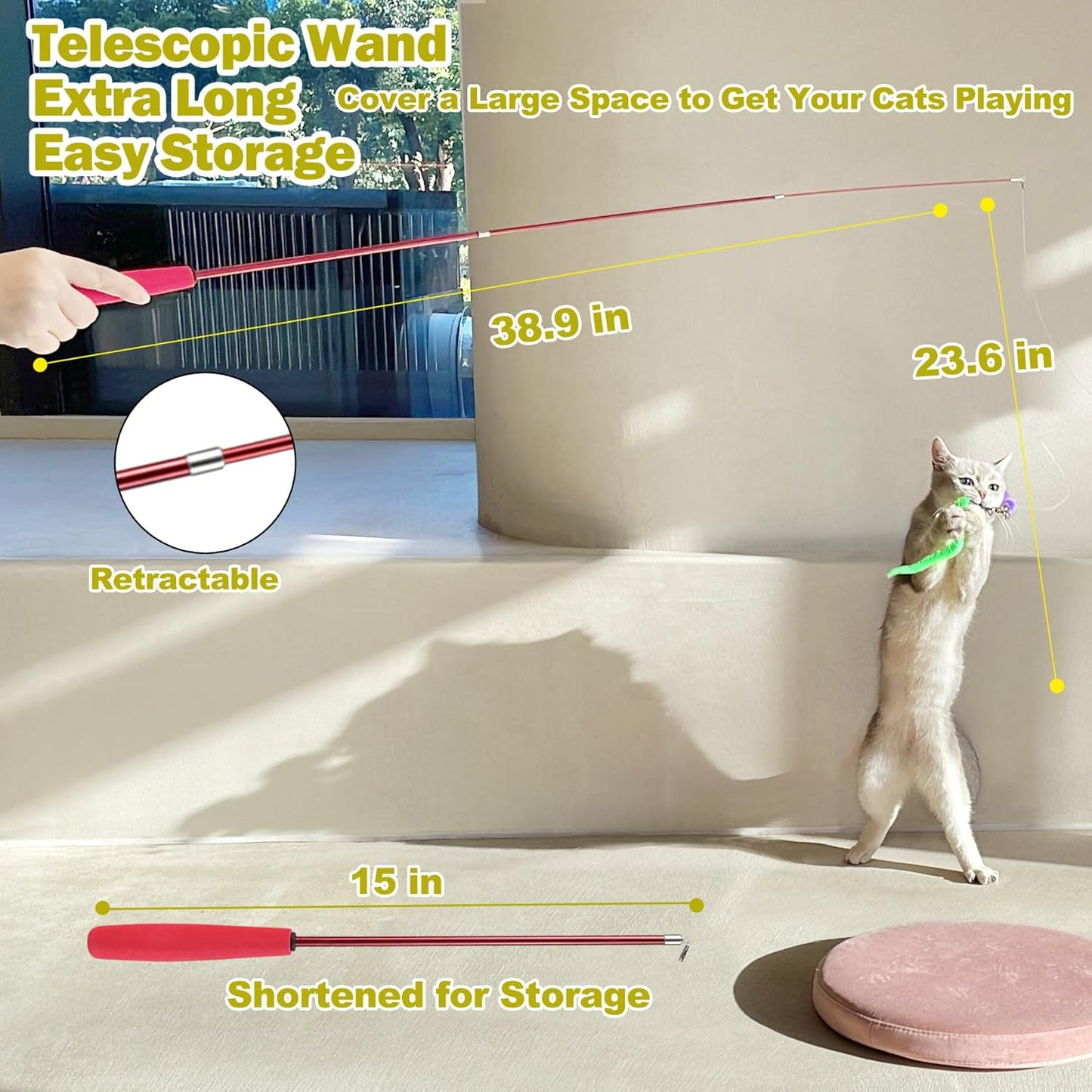 Interactive Cat Toys - Retractable Wand Toy and Feather Toys Refills for Indoor Cats to Chase and Exercise