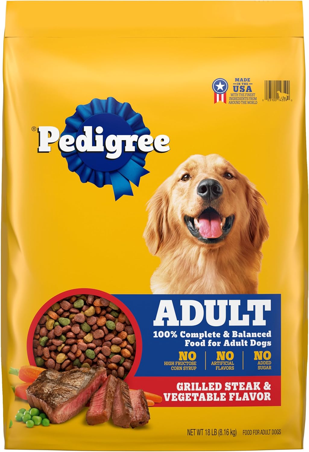 Pedigree Adult Dry Dog Food, Grilled Steak & Veg, 18 lb Bag.